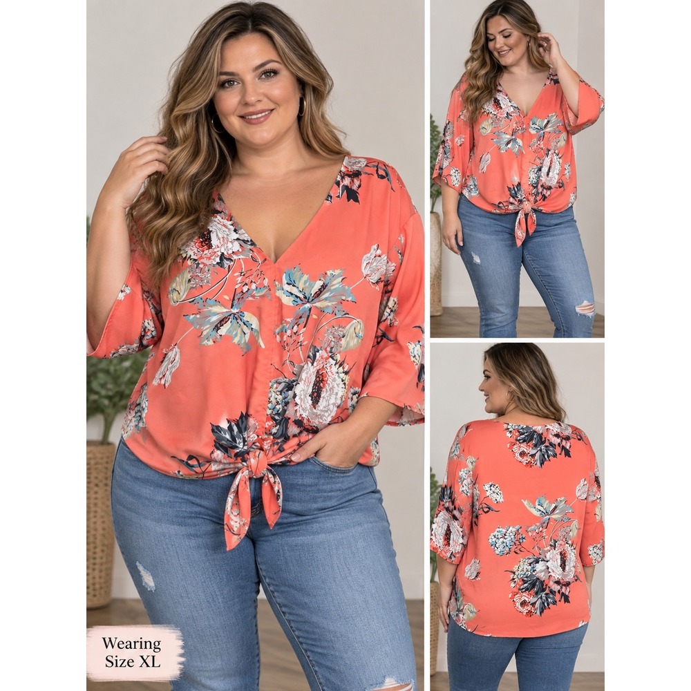 Coral Floral V-Neck Tie Front Blouse XL 3/4 Sleeve Orange Botanical Top